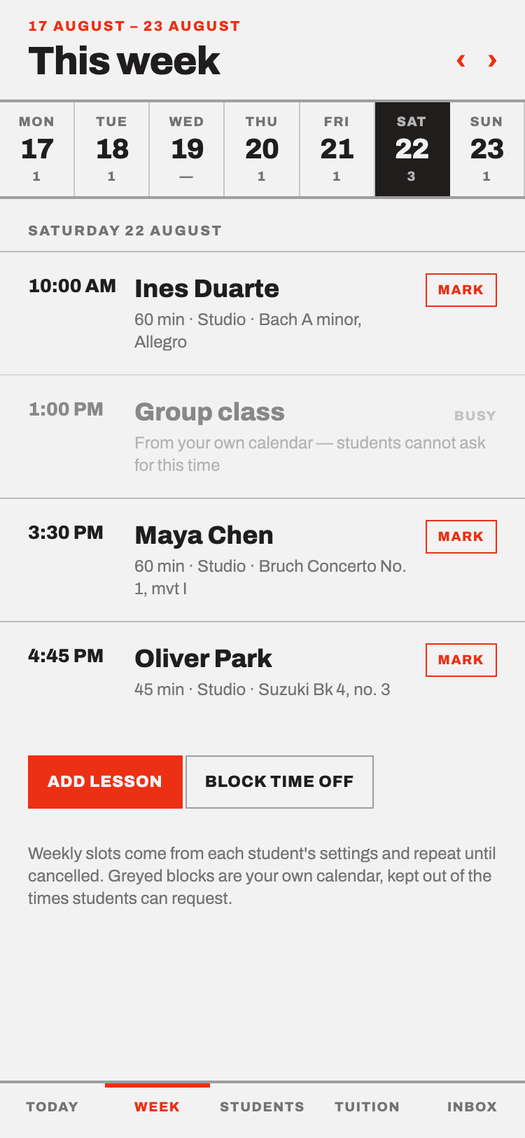 The teaching week, lesson by lesson.
